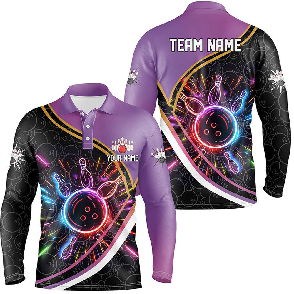 Custom Bowling Polo Shirts, Purple Gradient Black Camo Bowling Shirts For Men Custom Colorful Neon Light Team Bowling Jerseys