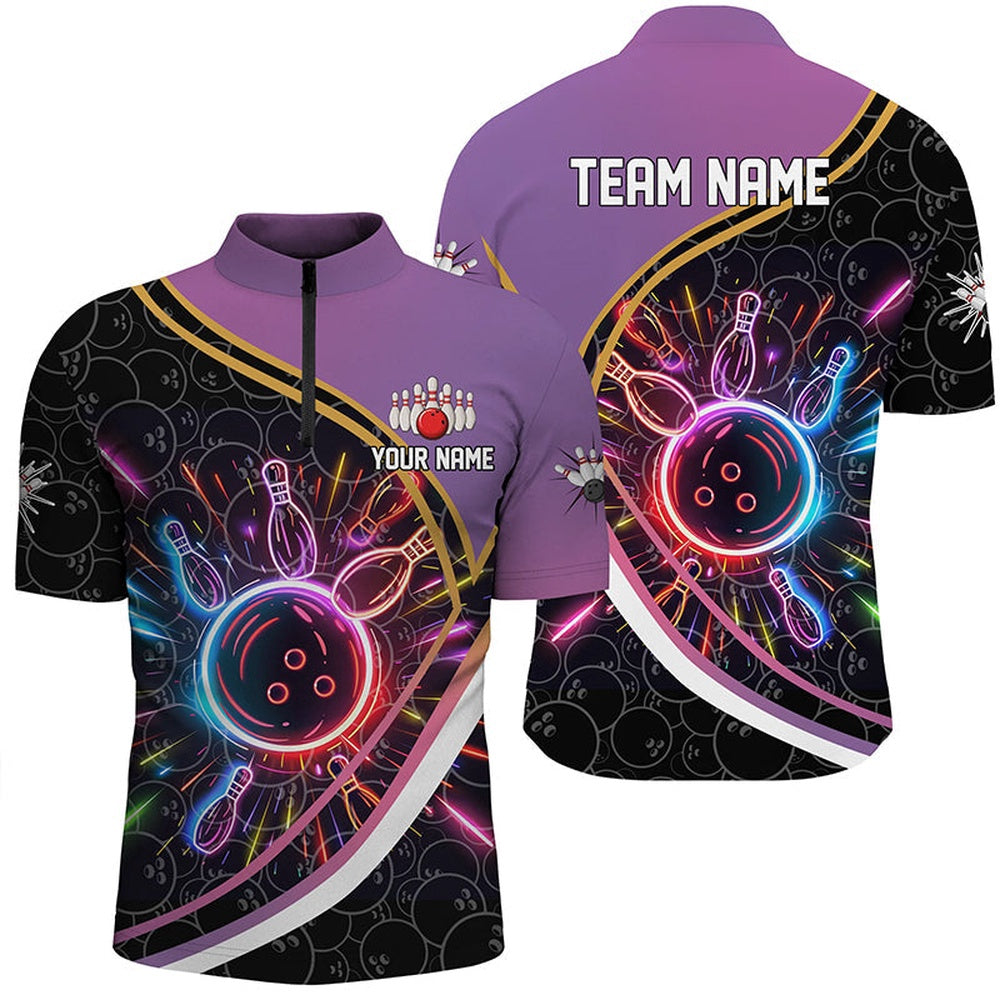 Custom Bowling Polo Shirts, Purple Gradient Black Camo Bowling Shirts For Men Custom Colorful Neon Light Team Bowling Jerseys