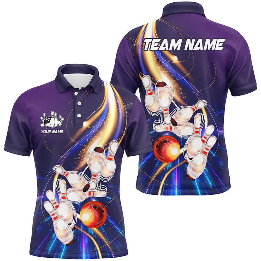 Custom Bowling Polo Shirts, Purple Light Bowling Jerseys Bowling Polo, Zip Shirt For Men Custom Bowling Team Shirts For Bowler
