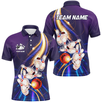 Custom Bowling Polo Shirts, Purple Light Bowling Jerseys Bowling Polo, Zip Shirt For Men Custom Bowling Team Shirts For Bowler