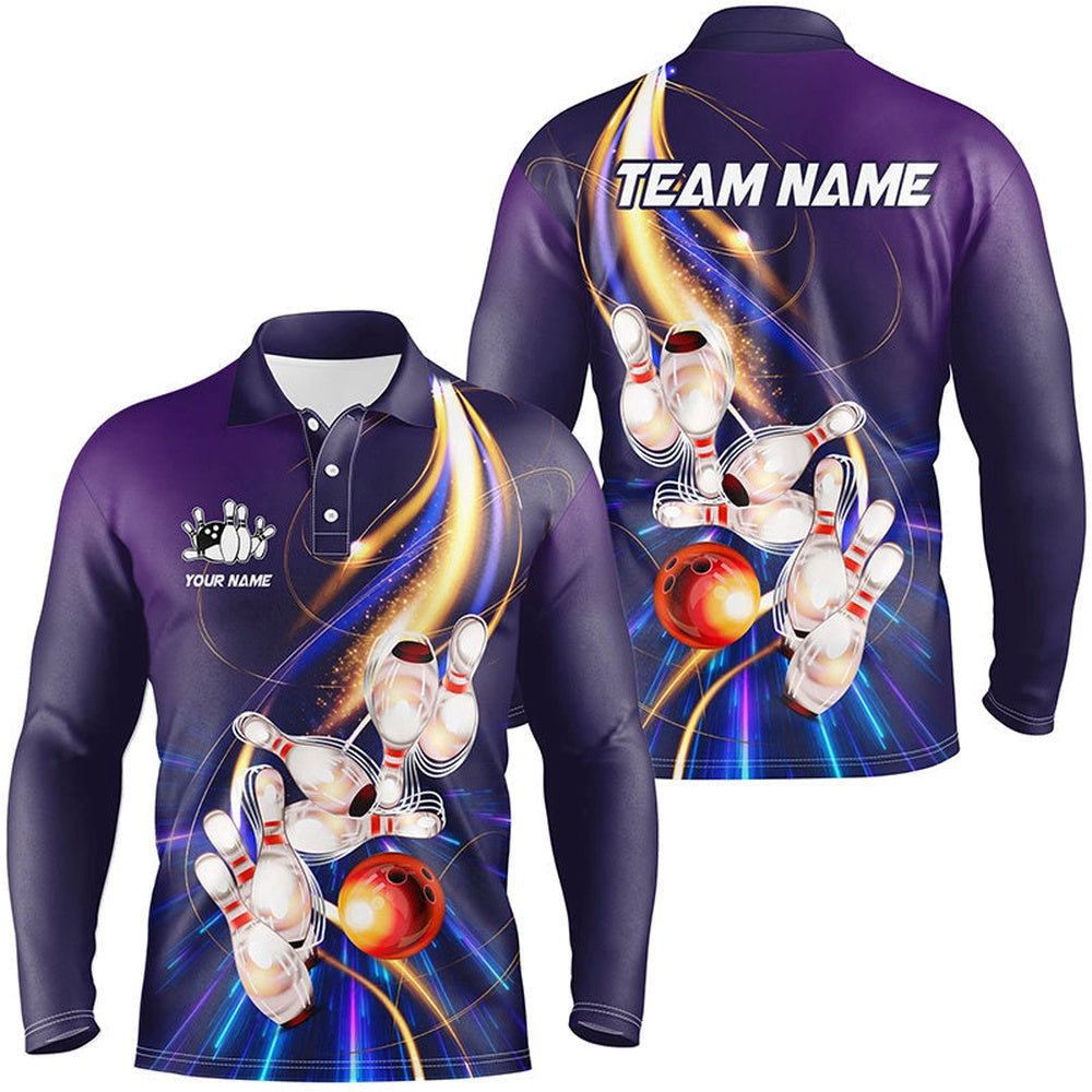 Custom Bowling Polo Shirts, Purple Light Bowling Jerseys Bowling Polo, Zip Shirt For Men Custom Bowling Team Shirts For Bowler