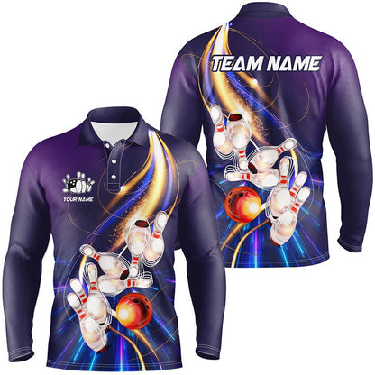 Custom Bowling Polo Shirts, Purple Light Bowling Jerseys Bowling Polo, Zip Shirt For Men Custom Bowling Team Shirts For Bowler