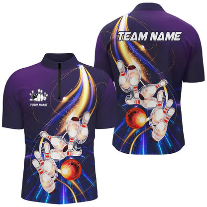 Custom Bowling Polo Shirts, Purple Light Bowling Jerseys Bowling Polo, Zip Shirt For Men Custom Bowling Team Shirts For Bowler