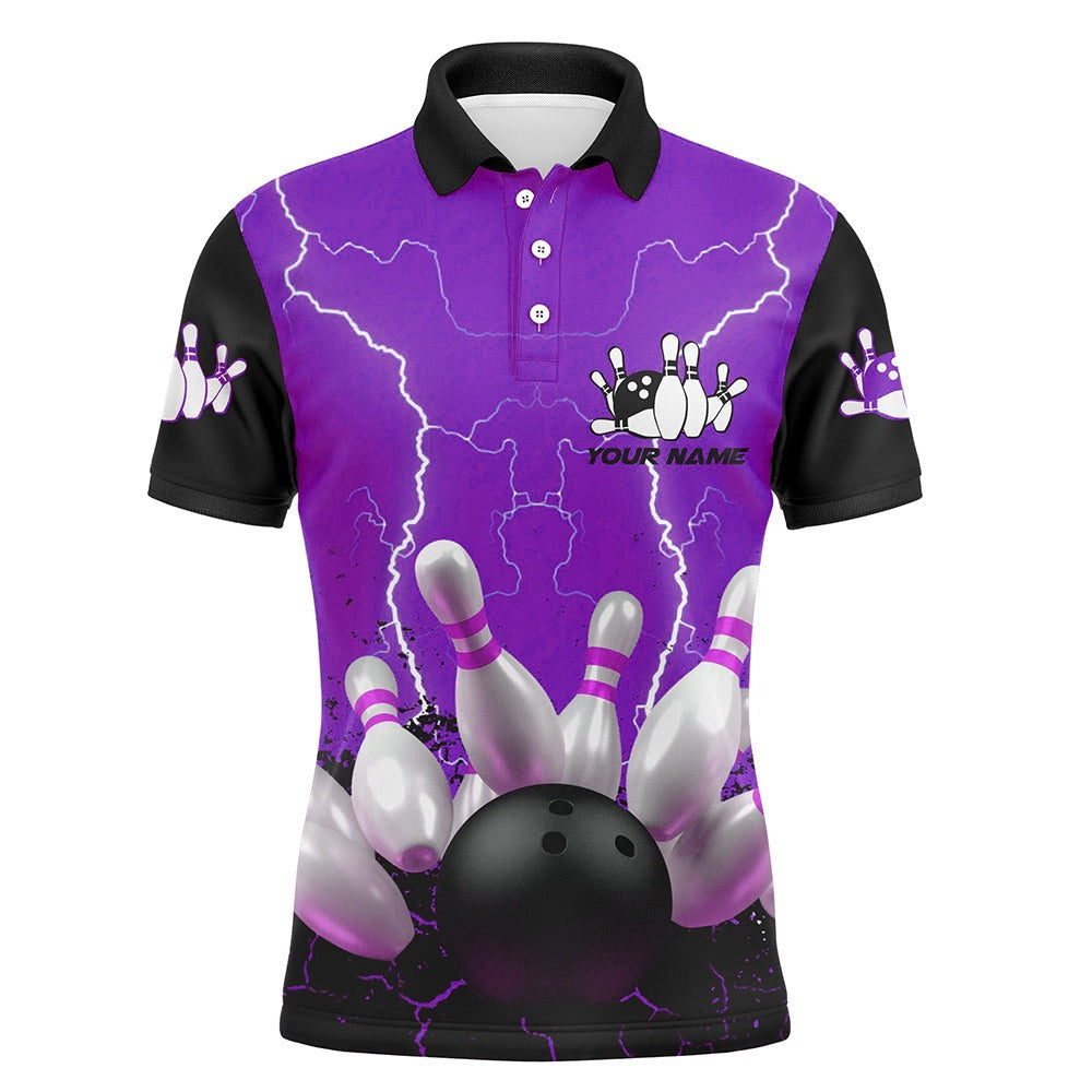 Custom Bowling Polo Shirts, Purple Lightning Mens Polo Bowling Shirts, Personalized Men'S Bowling Jerseys, Bowling Team Jerseys