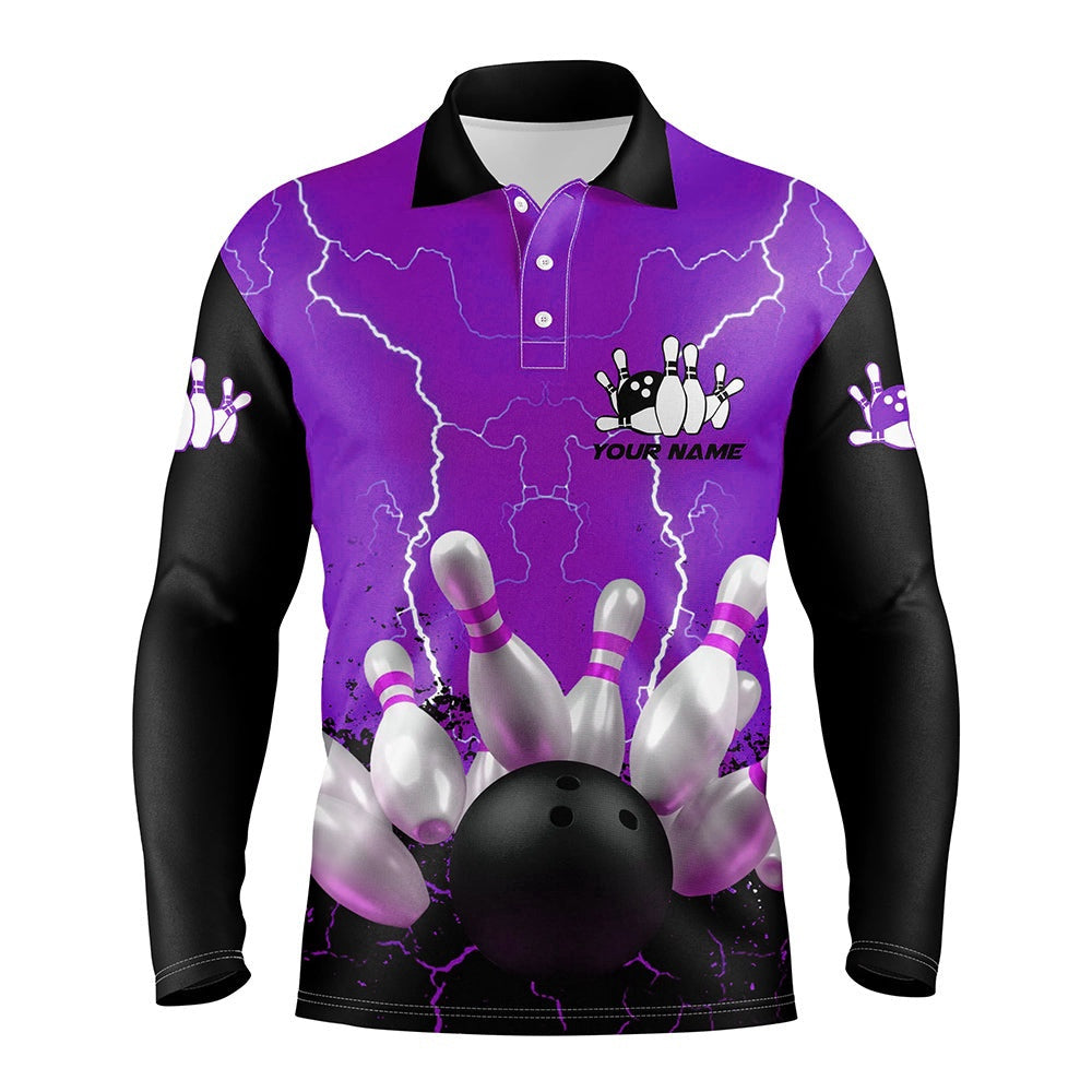 Custom Bowling Polo Shirts, Purple Lightning Mens Polo Bowling Shirts, Personalized Men'S Bowling Jerseys, Bowling Team Jerseys