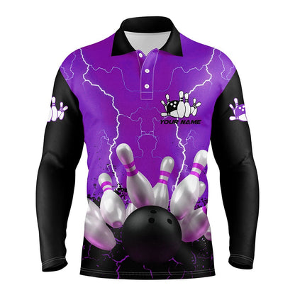 Custom Bowling Polo Shirts, Purple Lightning Mens Polo Bowling Shirts, Personalized Men'S Bowling Jerseys, Bowling Team Jerseys