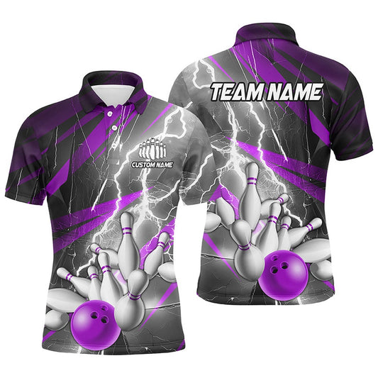 Custom Bowling Polo Shirts, Purple Lightning Strike Custom Bowling Polo Shirts For Men, Team Bowling Shirts Bowler Outfit