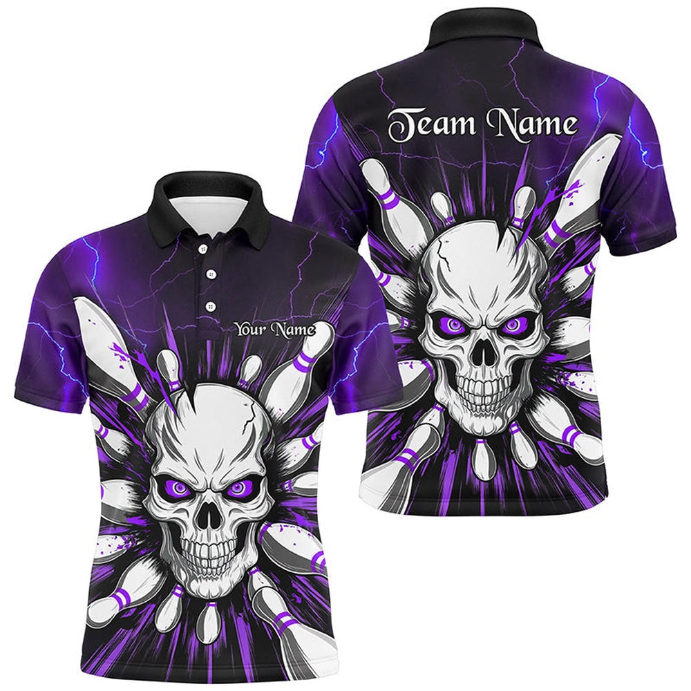 Custom Bowling Polo Shirts, Purple Lightning Thunder Custom Skull Bowling Shirt For Men, Halloween Bowling Team Polo Shirt
