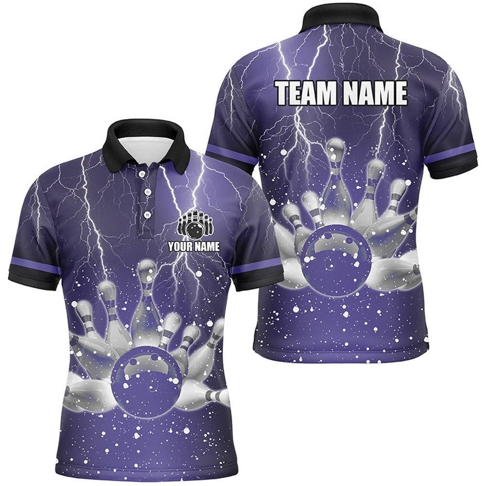 Custom Bowling Polo Shirts, Purple Lightning Thunder Men Polo, Zip Shirts Custom Bowling Team Jerseys, Gift For Bowlers