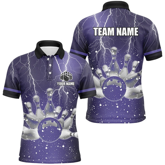 Custom Bowling Polo Shirts, Purple Lightning Thunder Men Polo, Zip Shirts Custom Bowling Team Jerseys, Gift For Bowlers