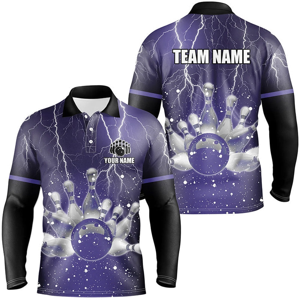 Custom Bowling Polo Shirts, Purple Lightning Thunder Men Polo, Zip Shirts Custom Bowling Team Jerseys, Gift For Bowlers