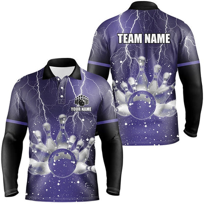 Custom Bowling Polo Shirts, Purple Lightning Thunder Men Polo, Zip Shirts Custom Bowling Team Jerseys, Gift For Bowlers