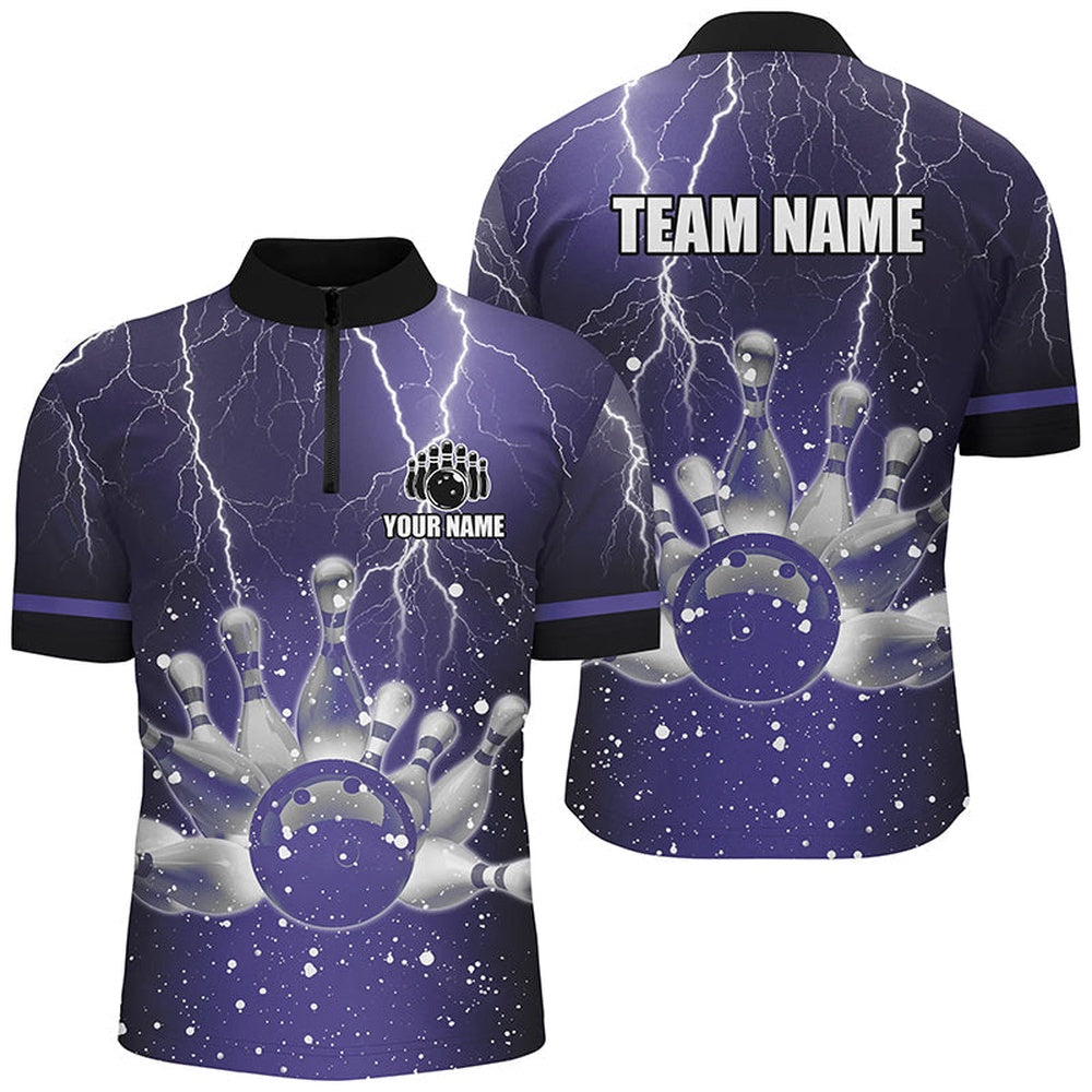 Custom Bowling Polo Shirts, Purple Lightning Thunder Men Polo, Zip Shirts Custom Bowling Team Jerseys, Gift For Bowlers