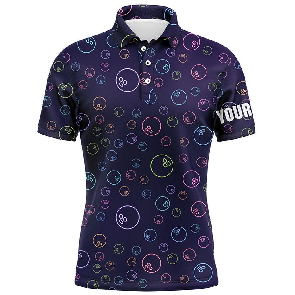 Custom Bowling Polo Shirts, Purple Neon Bowling Ball Glowing Pattern Custom Mens Bowling Polo Shirts, Bowling Team League Jerseys