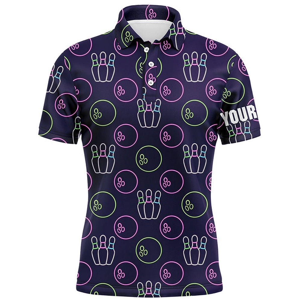 Custom Bowling Polo Shirts, Purple Neon Bowling Seamless Pattern Custom Mens Bowling Polo Shirts, Bowling Team League Jerseys
