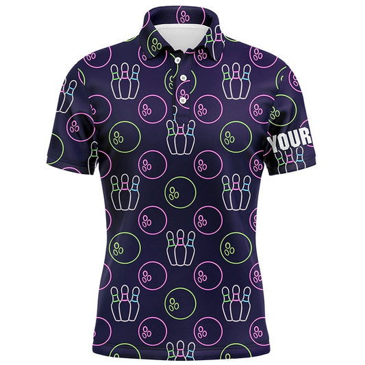 Custom Bowling Polo Shirts, Purple Neon Bowling Seamless Pattern Custom Mens Bowling Polo Shirts, Bowling Team League Jerseys