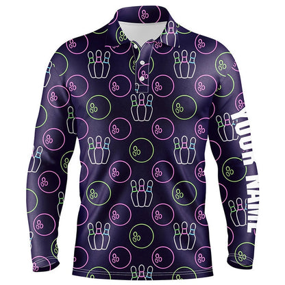 Custom Bowling Polo Shirts, Purple Neon Bowling Seamless Pattern Custom Mens Bowling Polo Shirts, Bowling Team League Jerseys