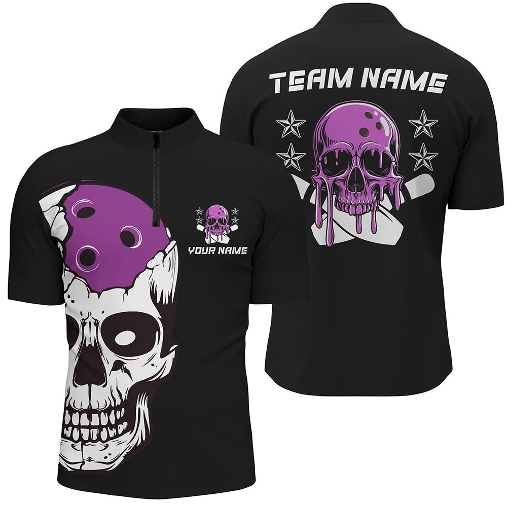 Custom Bowling Polo Shirts, Purple Skull Bowling Ball Custom Men And Women Bowling Team Jerseys, Bowling Tournament Shirts