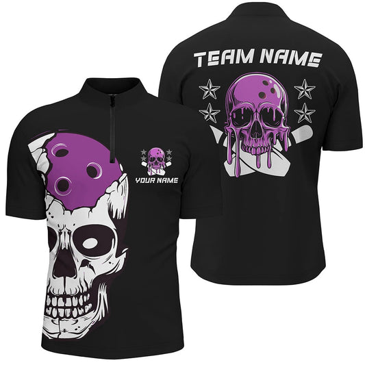 Custom Bowling Polo Shirts, Purple Skull Bowling Ball Custom Men And Women Bowling Team Jerseys, Bowling Tournament Shirts