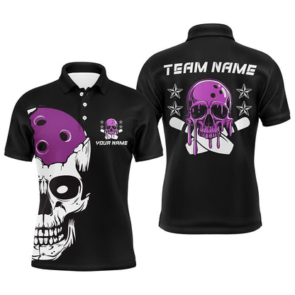 Custom Bowling Polo Shirts, Purple Skull Bowling Ball Custom Men And Women Bowling Team Jerseys, Bowling Tournament Shirts