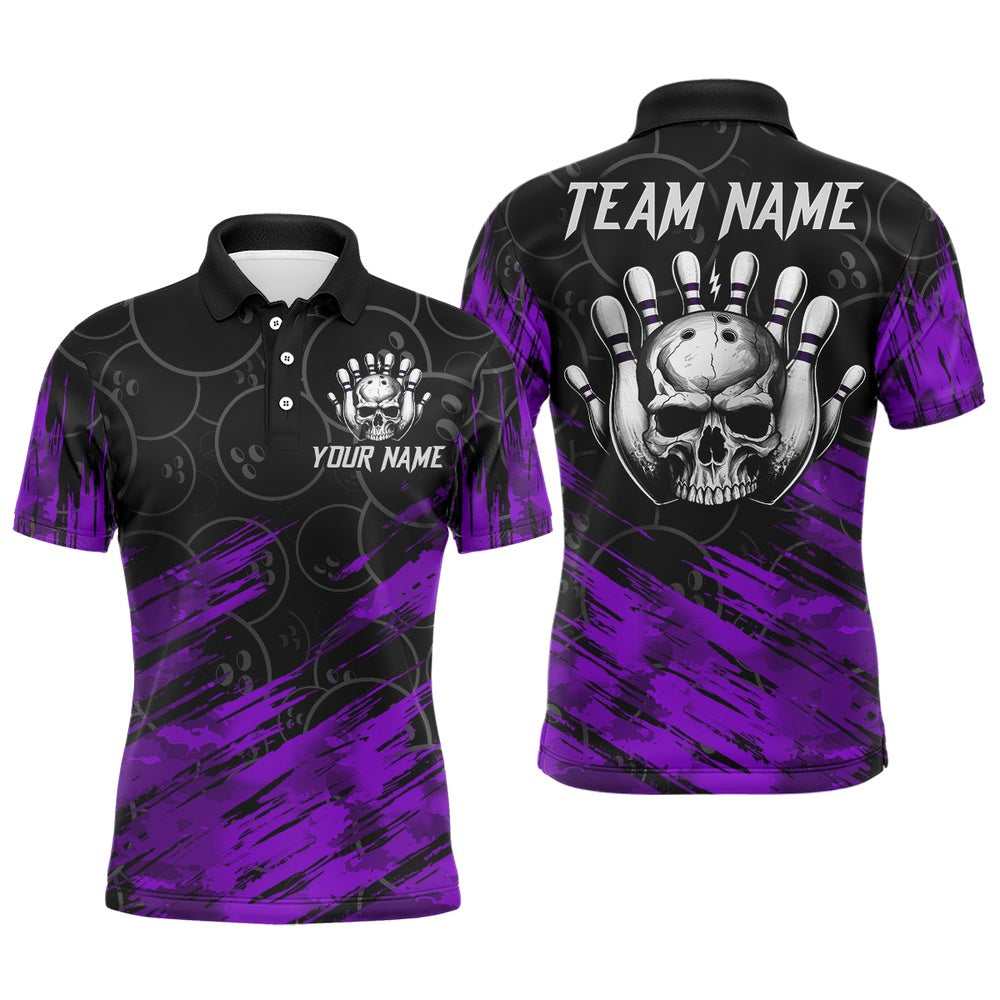 Custom Bowling Polo Shirts, Purple Skull Bowling Polo Shirt For Men & Women Custom Funny Bowling Team Jersey
