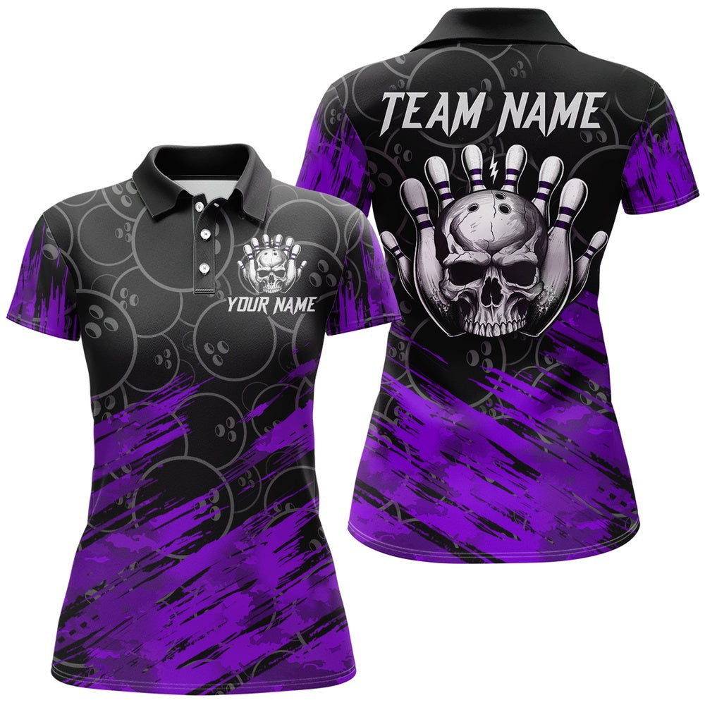 Custom Bowling Polo Shirts, Purple Skull Bowling Polo Shirt For Men & Women Custom Funny Bowling Team Jersey
