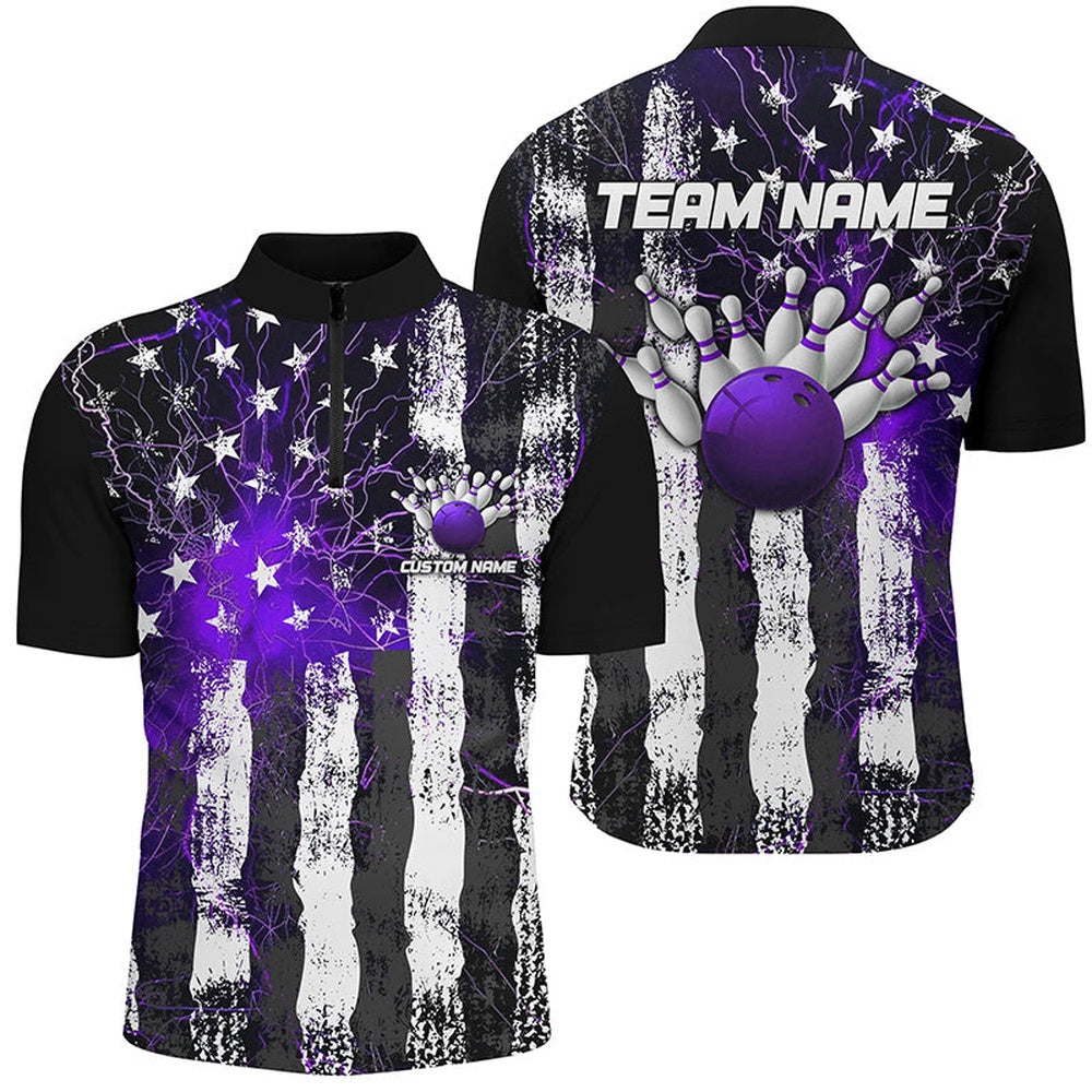 Custom Bowling Polo Shirts, Purple Thunder Lightning American Flag Custom Unisex Bowling Team Shirts, Patriotic Bowlers Outfit