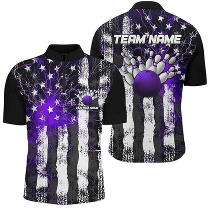 Custom Bowling Polo Shirts, Purple Thunder Lightning American Flag Custom Unisex Bowling Team Shirts, Patriotic Bowlers Outfit