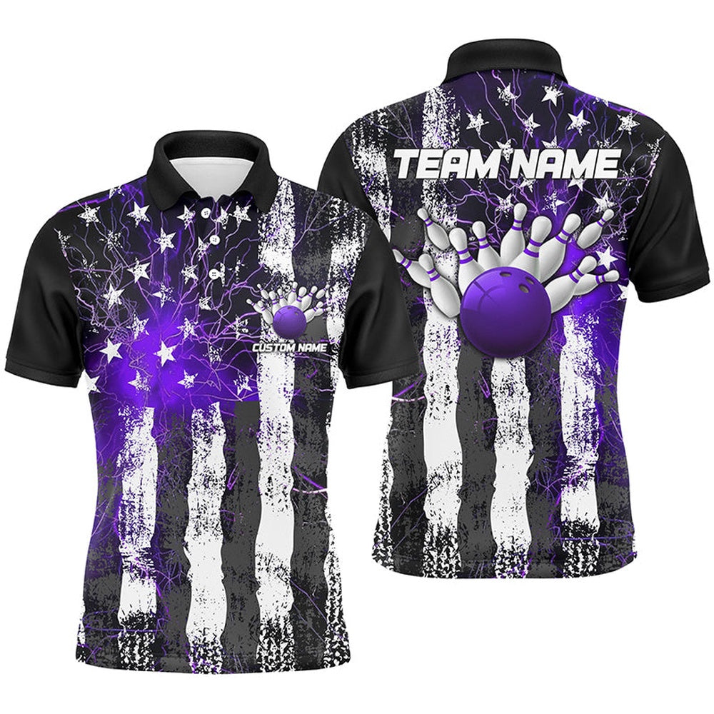 Custom Bowling Polo Shirts, Purple Thunder Lightning American Flag Custom Unisex Bowling Team Shirts, Patriotic Bowlers Outfit