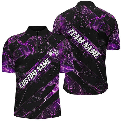 Custom Bowling Polo Shirts, Purple Thunder Lightning Custom Bowling Team Shirts For Men And Women, Bowling Gift Bowler Outfit