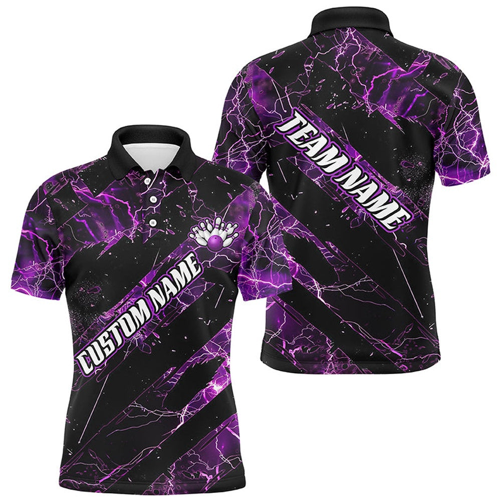 Custom Bowling Polo Shirts, Purple Thunder Lightning Custom Bowling Team Shirts For Men And Women, Bowling Gift Bowler Outfit