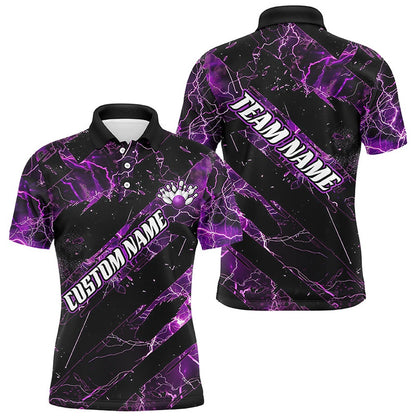 Custom Bowling Polo Shirts, Purple Thunder Lightning Custom Bowling Team Shirts For Men And Women, Bowling Gift Bowler Outfit