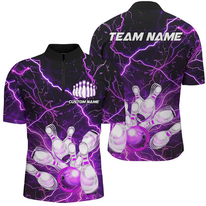 Custom Bowling Polo Shirts, Purple Thunder Lightning Custom Strike Unisex Bowling Team Shirts, Unisex Bowling Jerseys