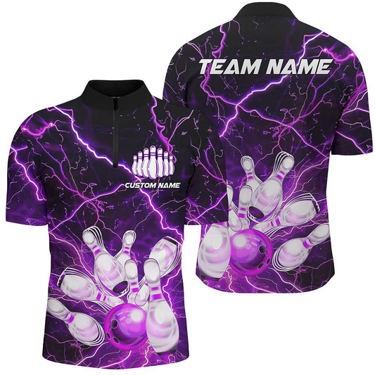 Custom Bowling Polo Shirts, Purple Thunder Lightning Custom Strike Unisex Bowling Team Shirts, Unisex Bowling Jerseys