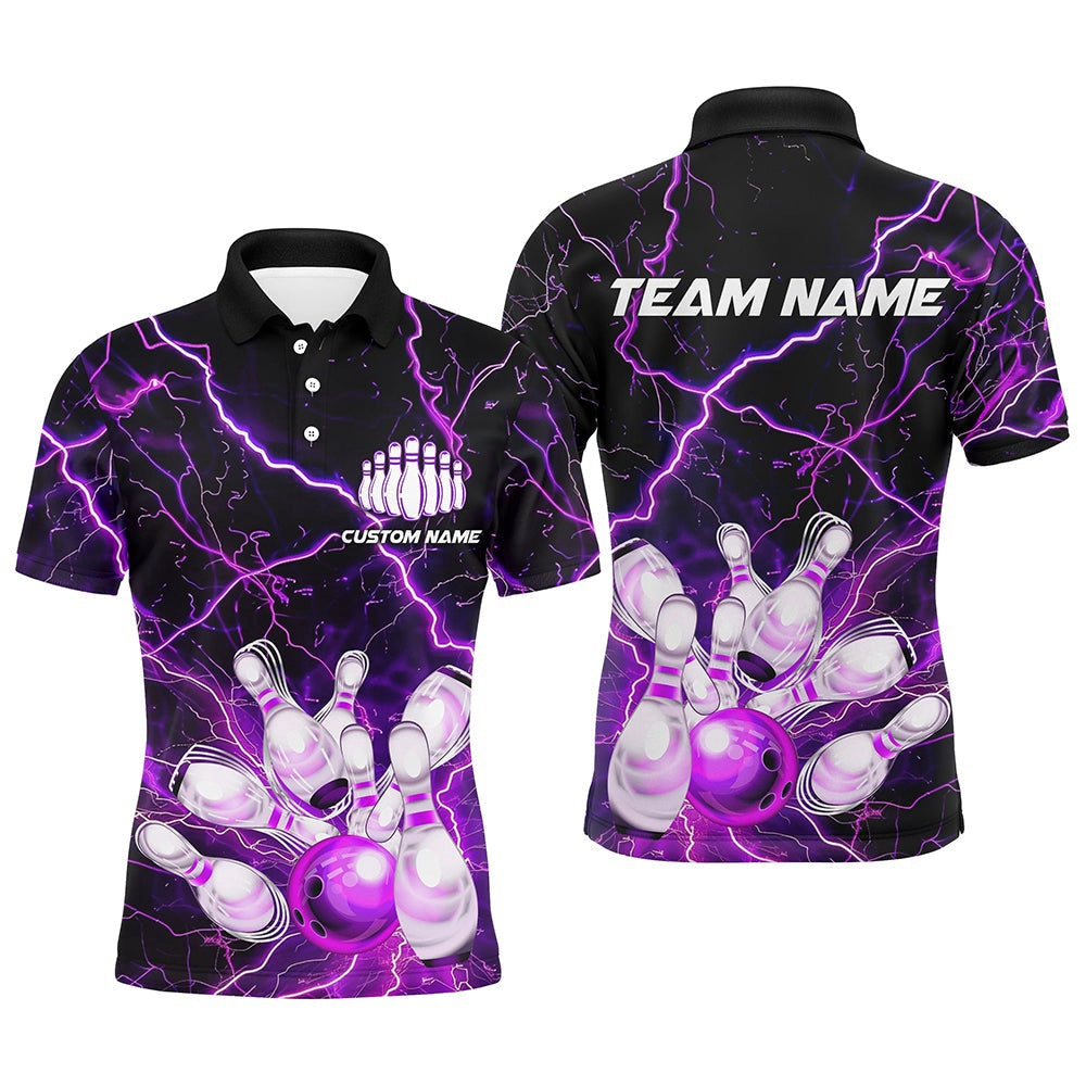 Custom Bowling Polo Shirts, Purple Thunder Lightning Custom Strike Unisex Bowling Team Shirts, Unisex Bowling Jerseys