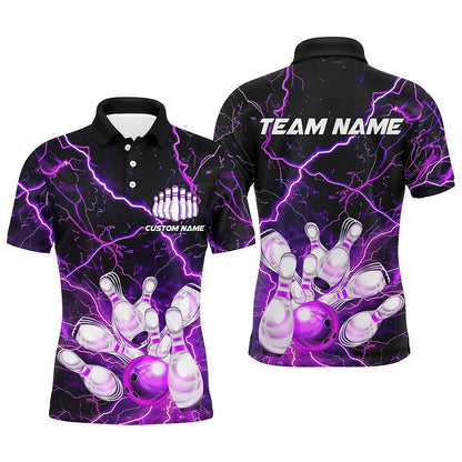 Custom Bowling Polo Shirts, Purple Thunder Lightning Custom Strike Unisex Bowling Team Shirts, Unisex Bowling Jerseys