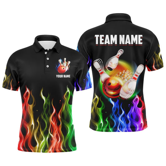 Custom Bowling Polo Shirts, Rainbow Flame Bowling Jersey For Men Personalized Bowling Team Shirts Bowling Polo Shirt