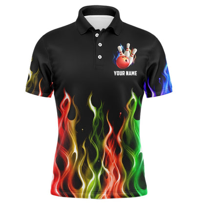 Custom Bowling Polo Shirts, Rainbow Flame Bowling Jersey For Men Personalized Bowling Team Shirts Bowling Polo Shirt