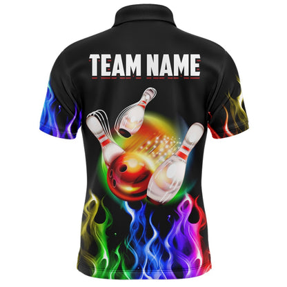 Custom Bowling Polo Shirts, Rainbow Flame Bowling Jersey For Men Personalized Bowling Team Shirts Bowling Polo Shirt
