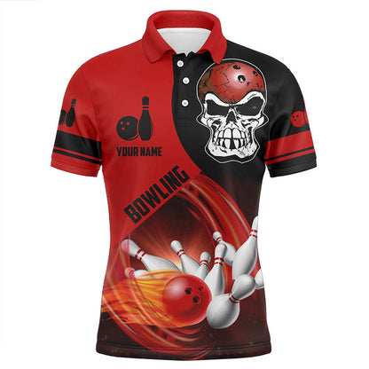 Custom Bowling Polo Shirts, Red And Black Bowling Ball And Pins Mens Bowling Polo Shirts Custom Skull Bowling Team Jerseys