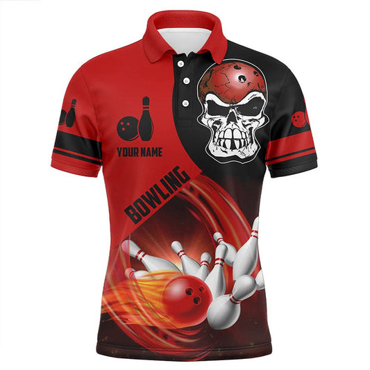 Custom Bowling Polo Shirts, Red And Black Bowling Ball And Pins Mens Bowling Polo Shirts Custom Skull Bowling Team Jerseys