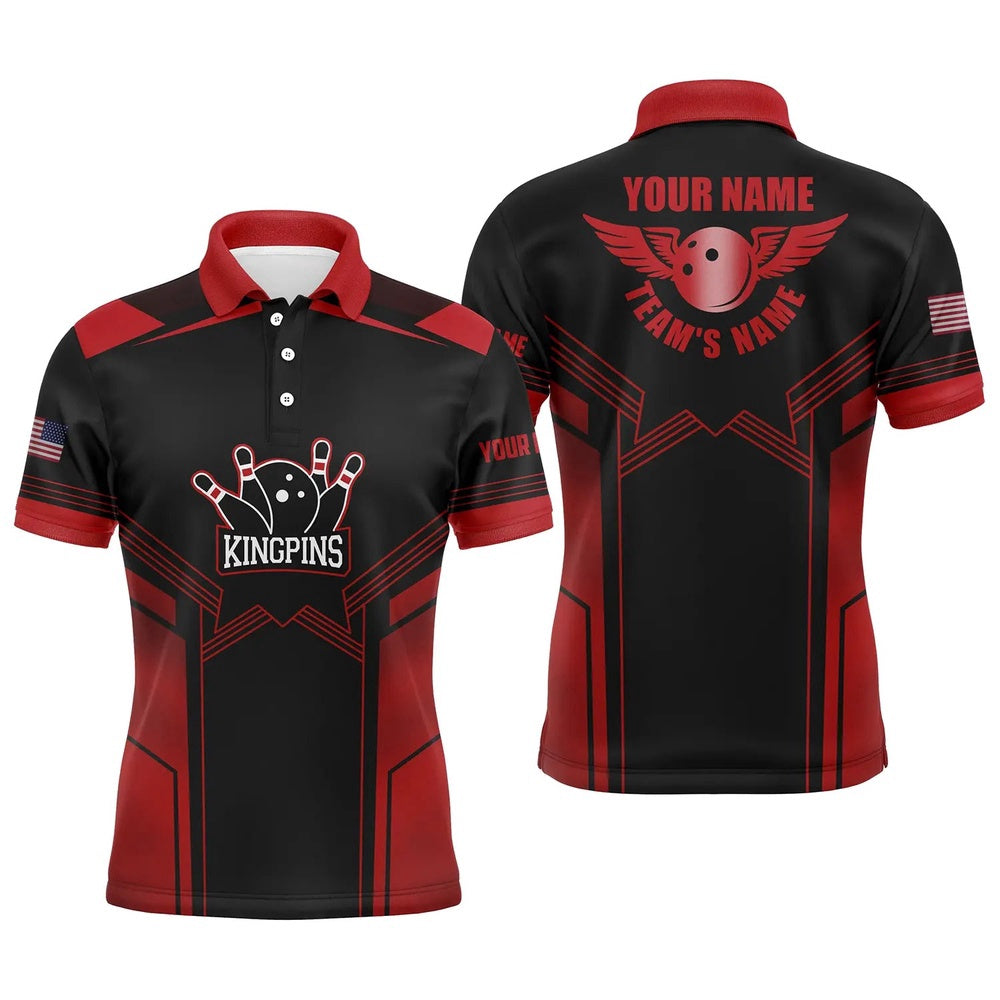 Custom Bowling Polo Shirts, Red And Black Bowling Polo Shirts For Men Custom Name And Team Name Bowling Polo Team Shirts