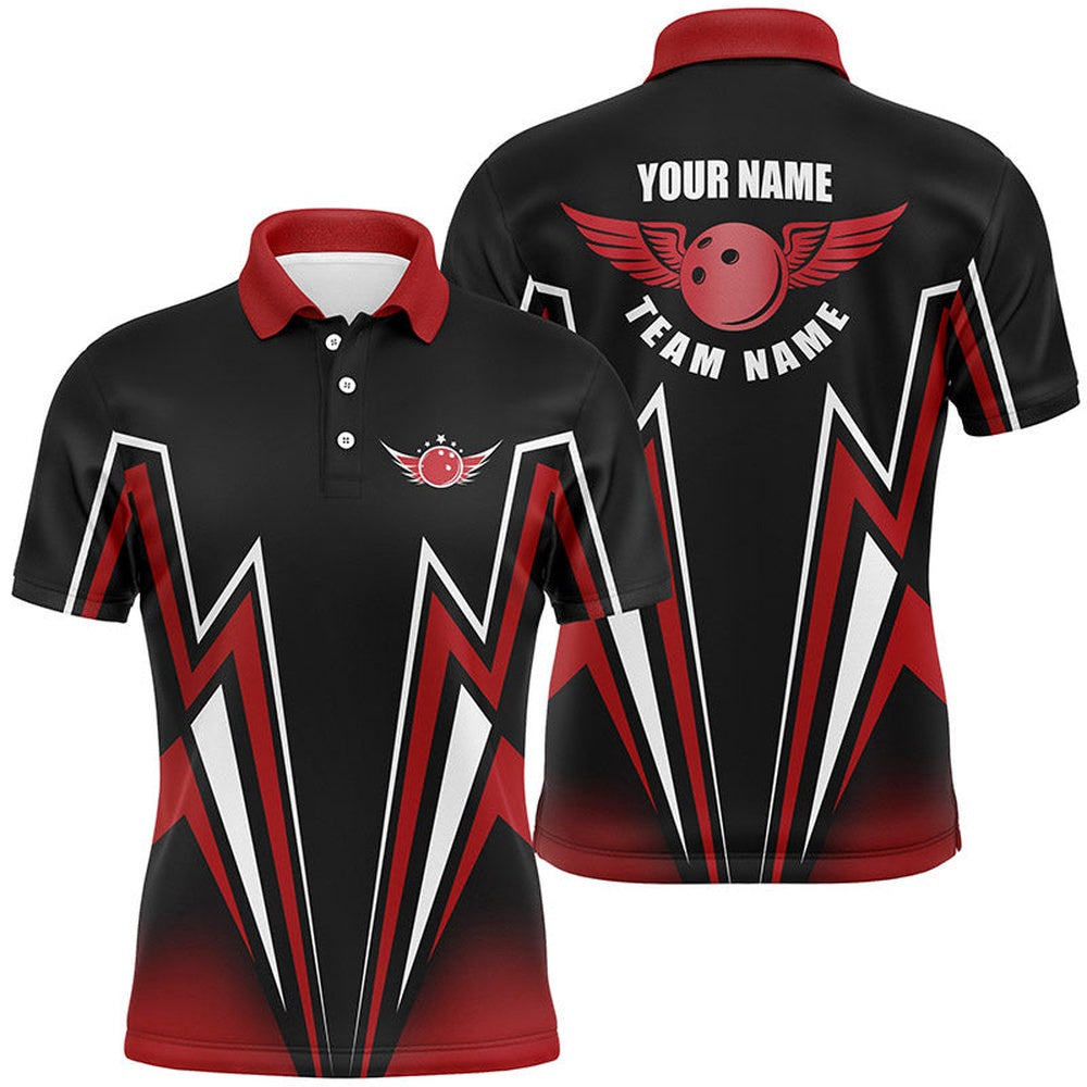 Custom Bowling Polo Shirts, Red And Black Bowling Shirt Custom Lightning Bowling Polo Shirts For Men, Bowling Team Shirt Jerseys