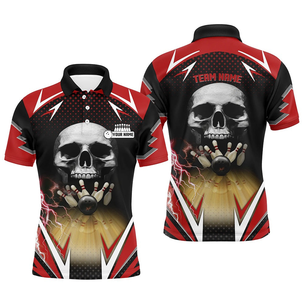 Custom Bowling Polo Shirts, Red And Black Bowling Skull Polo Shirts For Men Custom Bowling Ball Pins Team League Jerseys