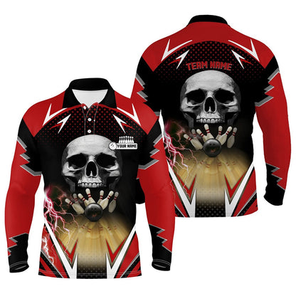 Custom Bowling Polo Shirts, Red And Black Bowling Skull Polo Shirts For Men Custom Bowling Ball Pins Team League Jerseys