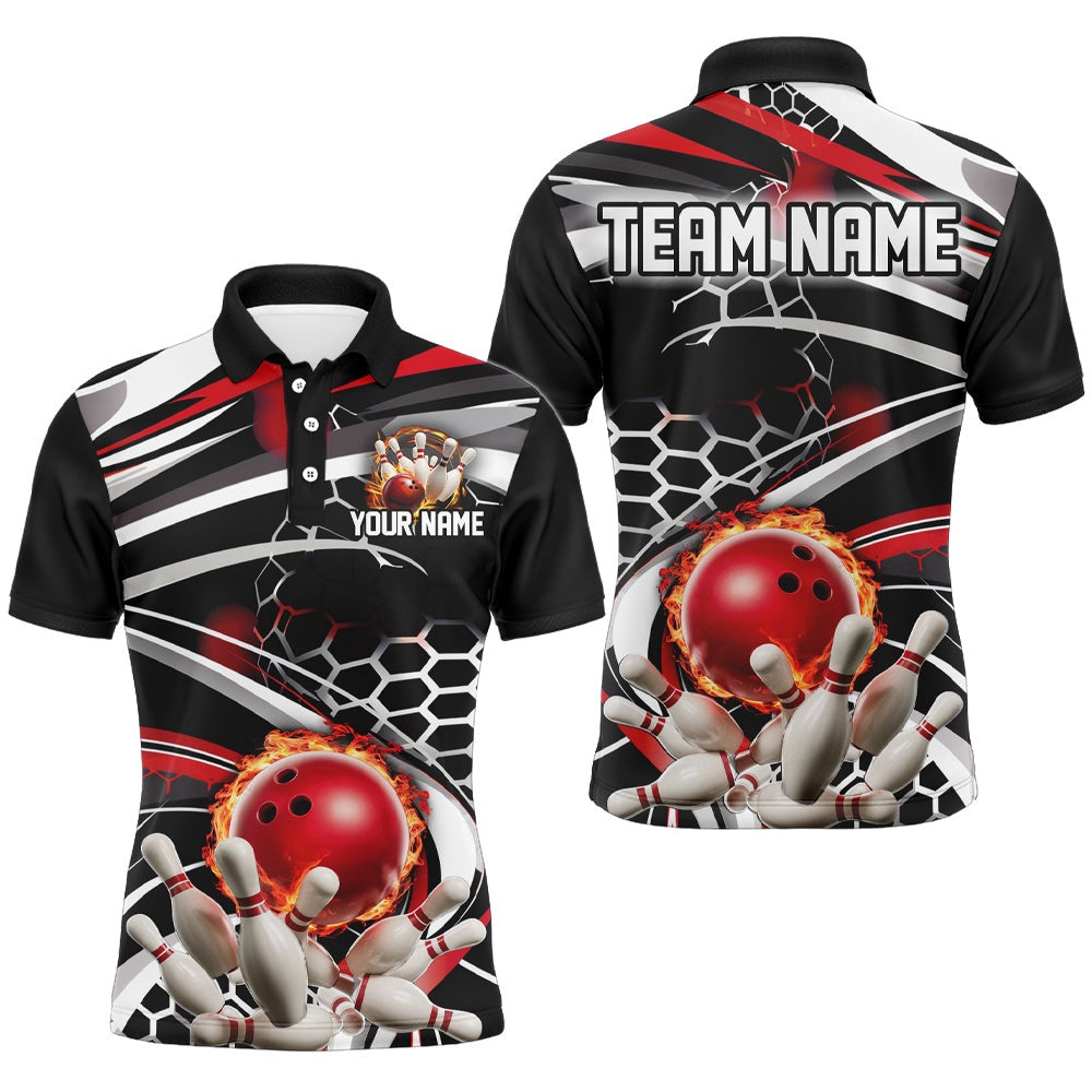 Custom Bowling Polo Shirts, Red And Black Custom Flame Bowling Shirt Outfit Bowling, Bowling Team League Shirts