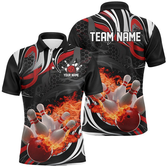 Custom Bowling Polo Shirts, Red And Black Custom Flame Bowling Shirts For Men, Personalized Bowling Team Polo Shirts