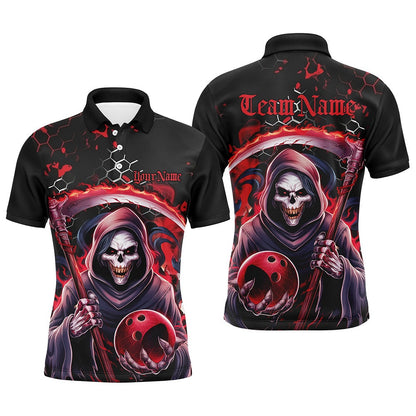 Custom Bowling Polo Shirts, Red And Black Custom Grim Reaper Bowling Polo Shirts For Men, Halloween Skull Bowling Shirts Outfit