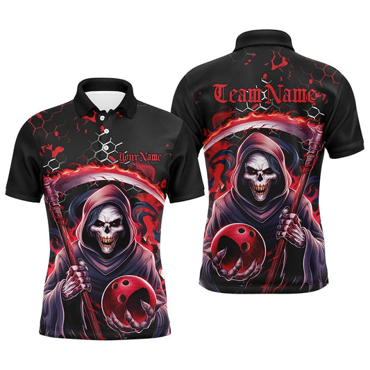 Custom Bowling Polo Shirts, Red And Black Custom Grim Reaper Bowling Polo Shirts For Men, Halloween Skull Bowling Shirts Outfit
