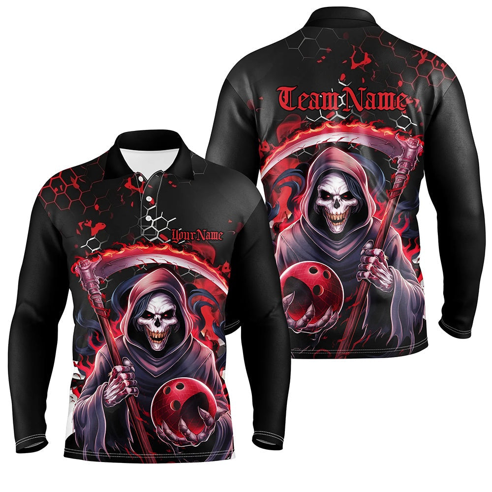 Custom Bowling Polo Shirts, Red And Black Custom Grim Reaper Bowling Polo Shirts For Men, Halloween Skull Bowling Shirts Outfit